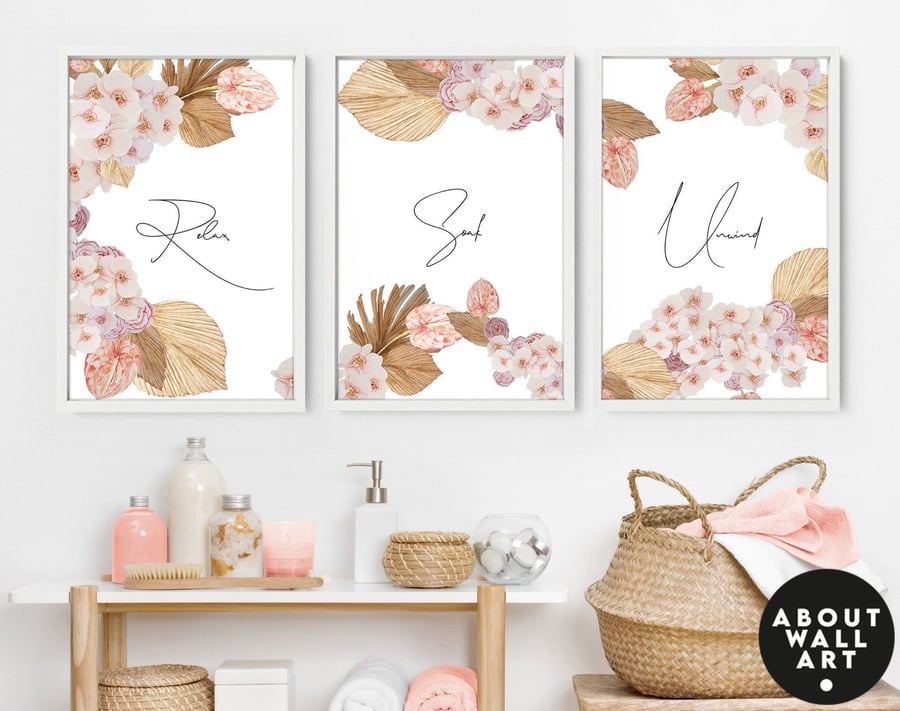 Spa Bathroom Art, Botanical Bathroom, Plant Print Set of 3, Bohemian Decor