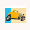 Yellow Hot Rod Greetings Card - Detailed Hand Drawn Illustration for a Car Lover