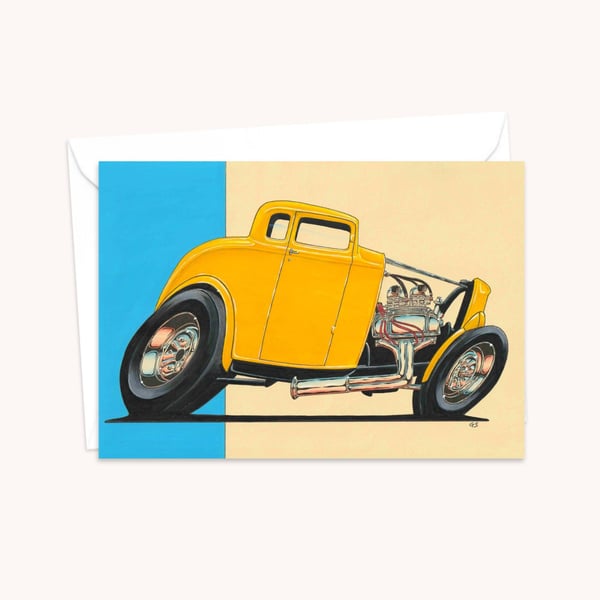 Yellow Hot Rod Greetings Card: Hand Drawn Illustration for a Car Lover (402)