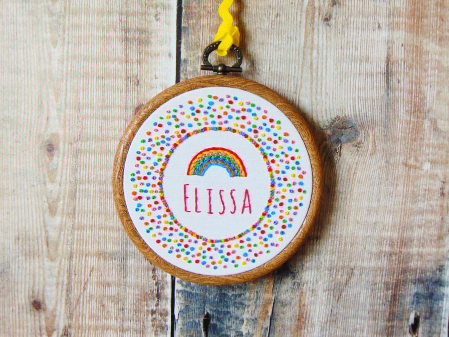 Personalised Dotty Rainbow Custom Hand Embroidered Hoop - Gifts For Kids