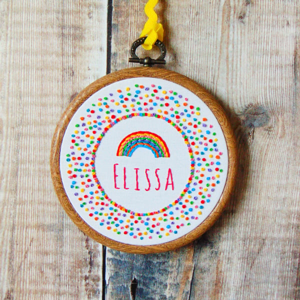 Personalised Dotty Rainbow Custom Hand Embroidered Hoop - Gifts For Kids