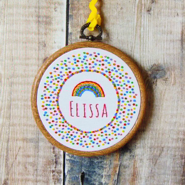 Personalised Dotty Rainbow Custom Hand Embroidered Hoop - Gifts For Kids