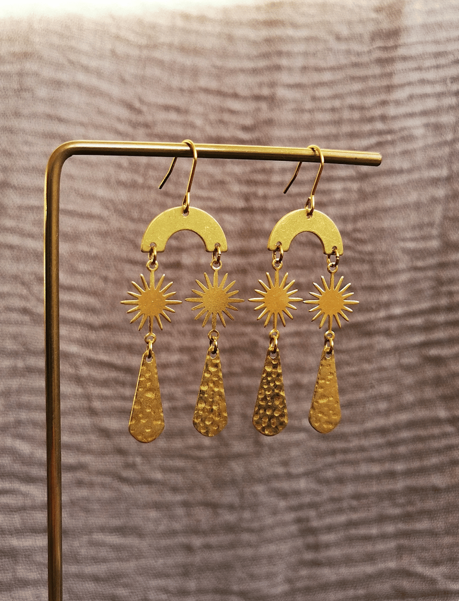 Celestial long dangle brass earrings, gift for her, boho summer jewellery