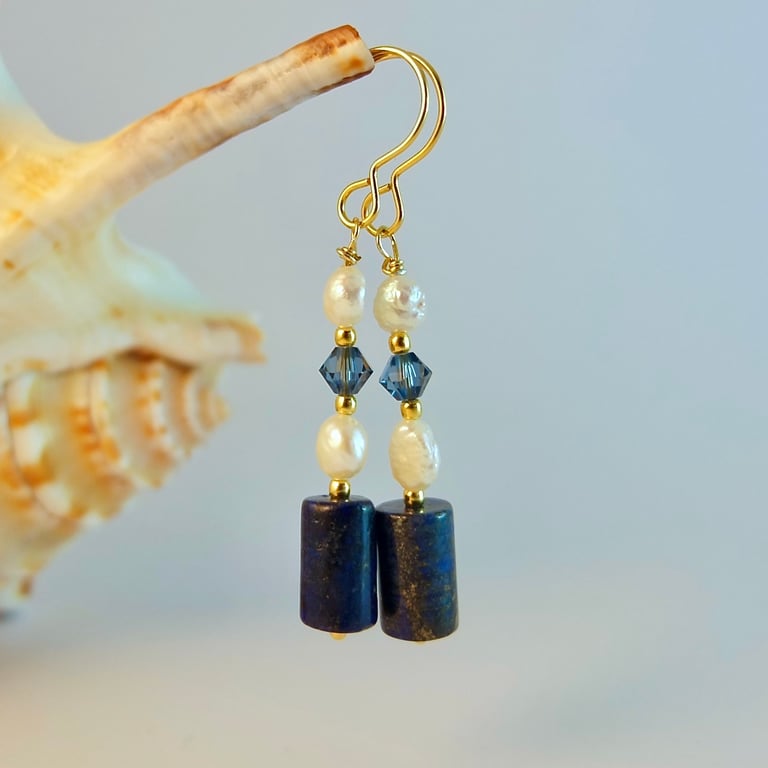 Lapis Lazuli, FW Pearl & Crystal Earrings, Birthday, Anniversary, Gifts For Her