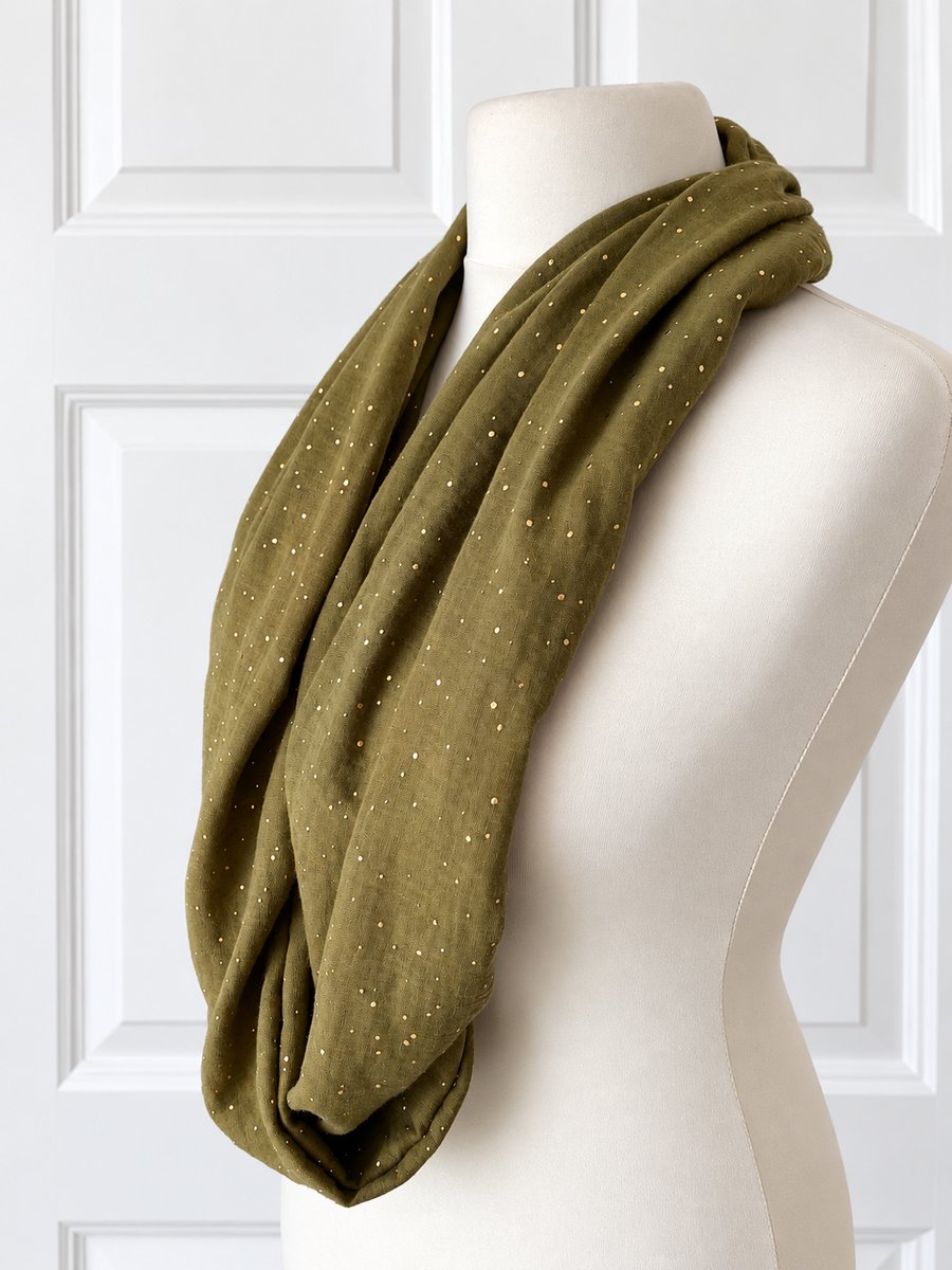 Khaki with Gold Speckles Infinity Scarf, 100% cotton 