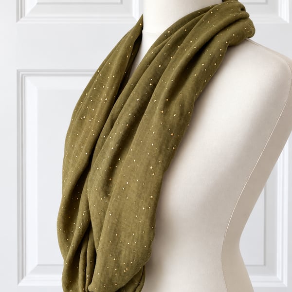 Khaki with Gold Speckles Infinity Scarf, 100% cotton 