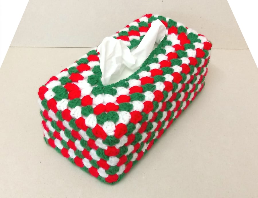 Tissue box cover in red, white and green, Crochet Christmas tissue box holder