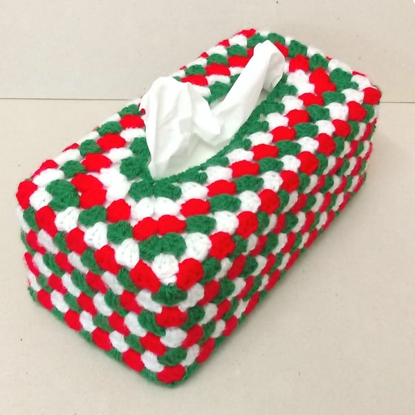 Tissue box cover in red, white and green, Crochet Christmas tissue box holder