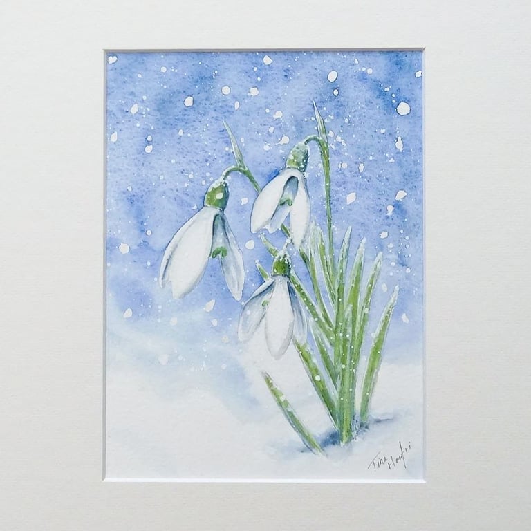Original Painting Watercolour Snowdrop Art Floral Winter