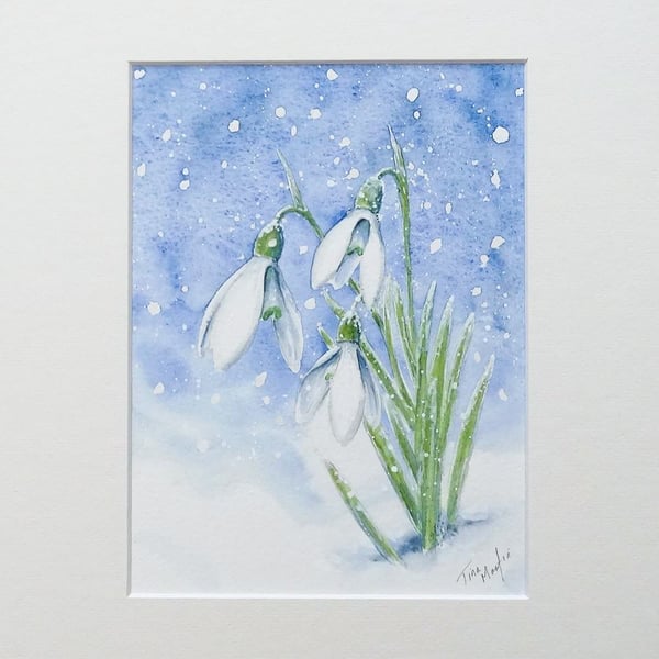 Original Painting Watercolour Snowdrop Art Floral Winter