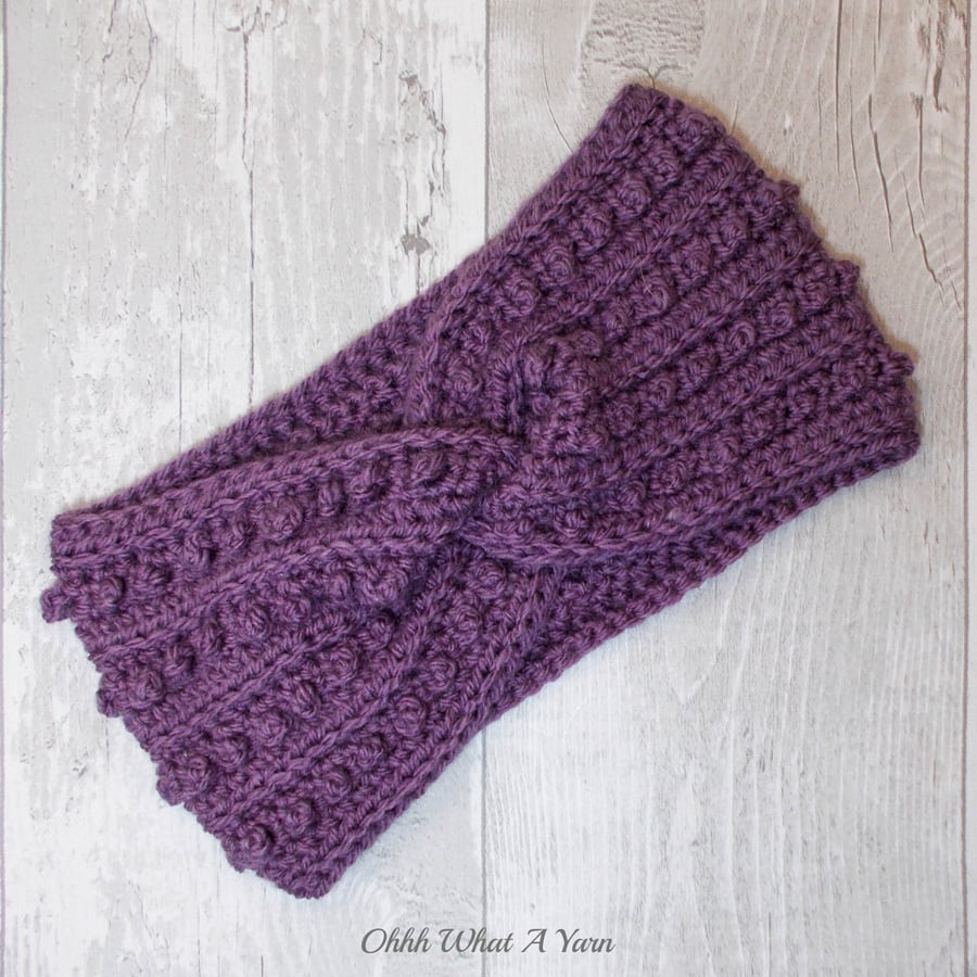 Crochet headband, ear warmer. Mauve, purple twist ear warmer. Mauve headband.