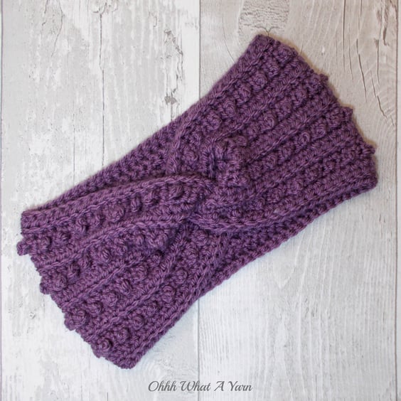 Ladies crochet mauve, purple twist ear warmer. Ear warmer. Mauve headband. 