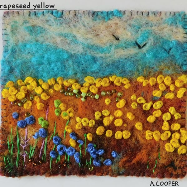 RAPESEED YELLOW handmade, original, needle felted flower landscape painting 