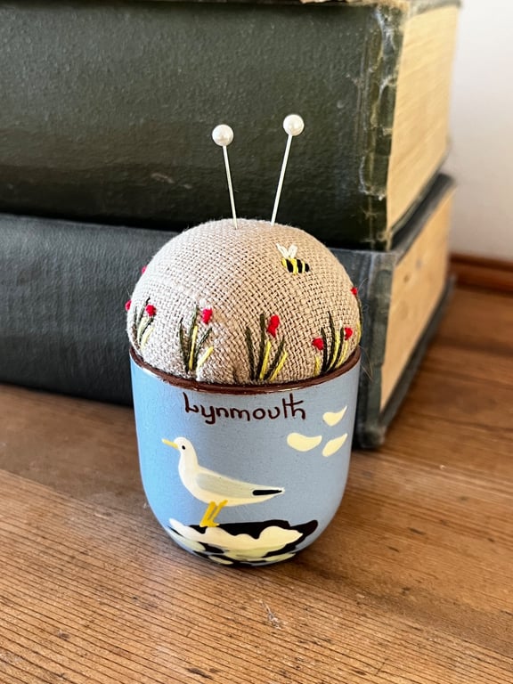 Lynmouth seagull egg cup pincushion - embroidered linen with a little bee