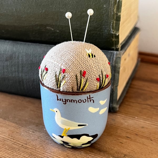 Lynmouth seagull egg cup pincushion - embroidered linen with a little bee