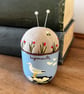 Lynmouth seagull egg cup pincushion - embroidered linen with a little bee