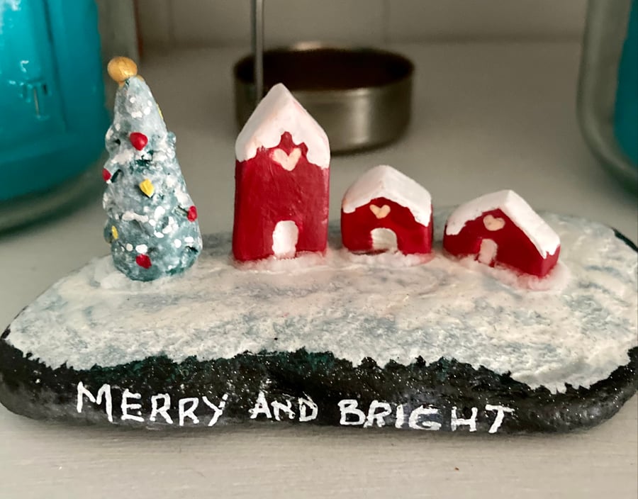Miniature Christmas Village Air Dry Clay Sculpture On A Stone 'Merry And Bright'
