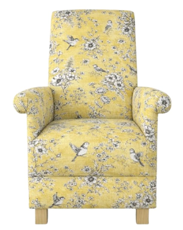 Fireside Chair Armchair Finch Toile Fabric Flora Lemon Accent Yellow Birds Small