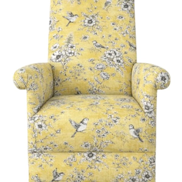 Fireside Chair Armchair Finch Toile Fabric Flora Lemon Accent Yellow Birds Small