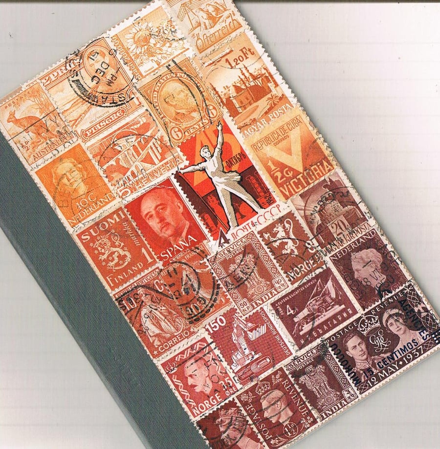Autumn Sunset A6 Notebook - upcycled vintage world postage stamp collage