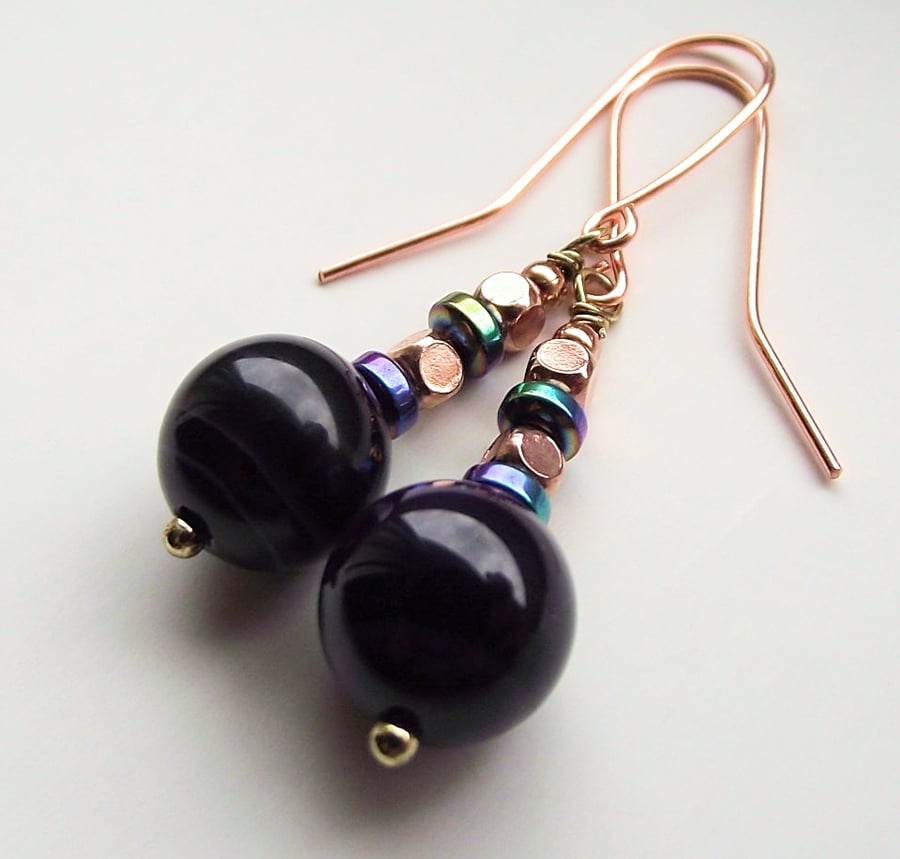 Earrings dark purple banded agate haematite copper
