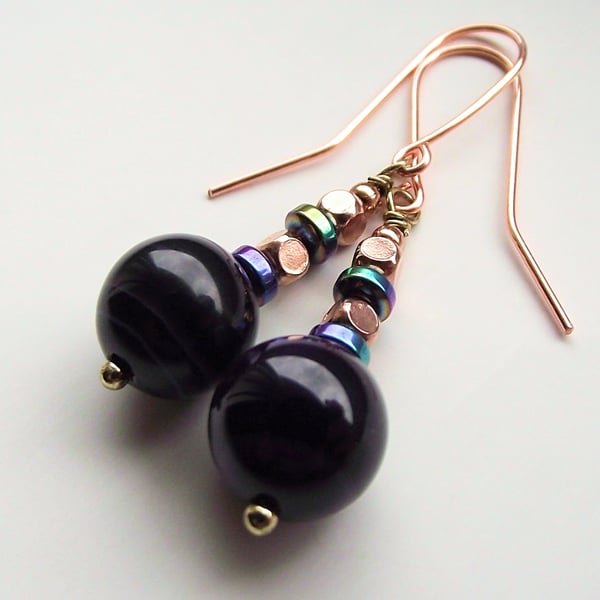 Earrings dark purple banded agate haematite copper