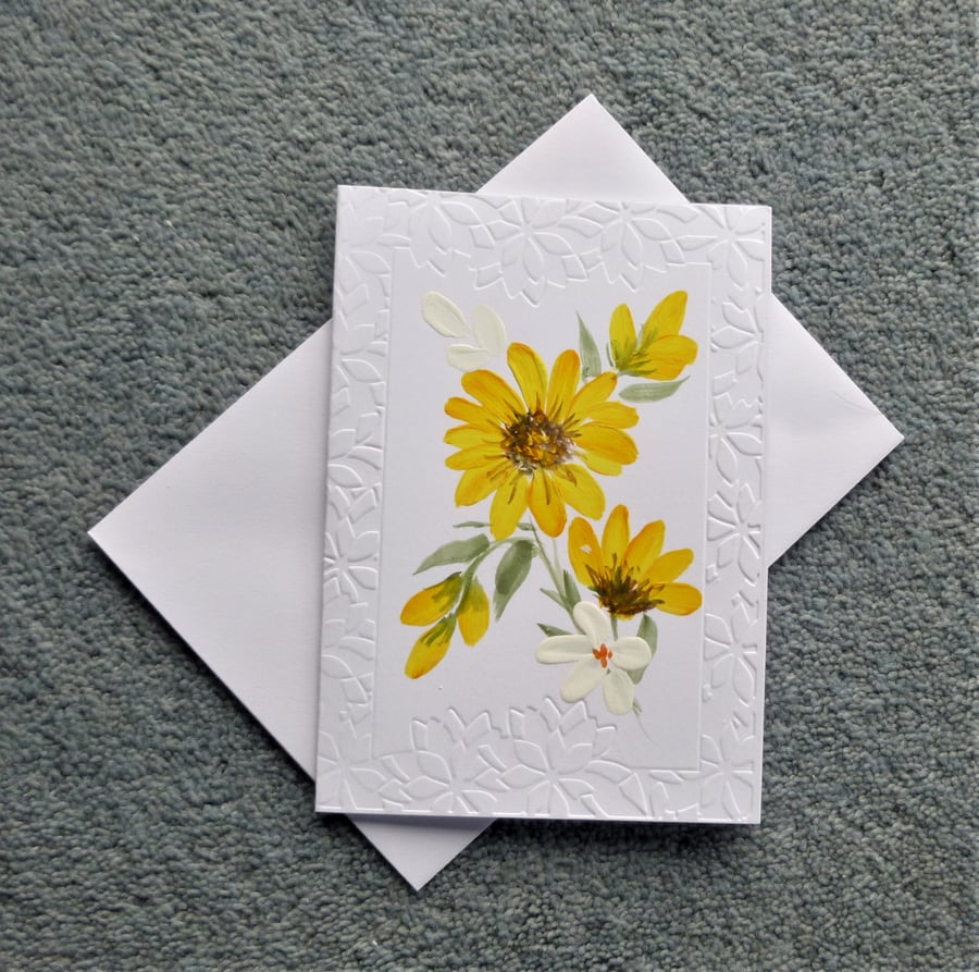 hand painted floral daisy blank greetings card ( ref F378.S3 )