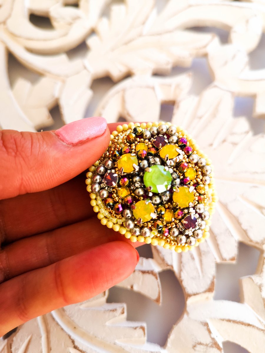 Swarovski crystal embellished beaded multicolor yellow, green, purple brooch