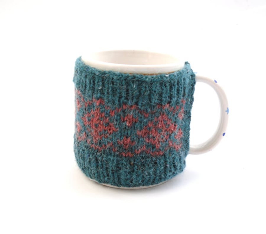 Turquoise mug cosy fair isle knitted