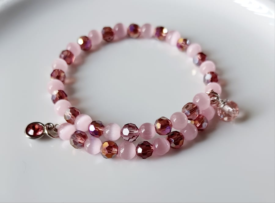 Memory Wire Bracelet, 6mm Pink Cat's Eye & Purple Czech Beads, 6.5 - 7" Wrist
