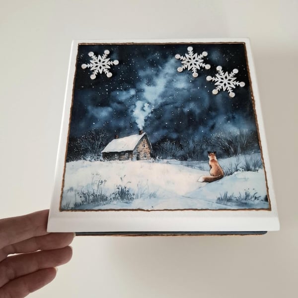 Handmade Winter Decoupage Wooden Keepsake Box with Fox and Cottage