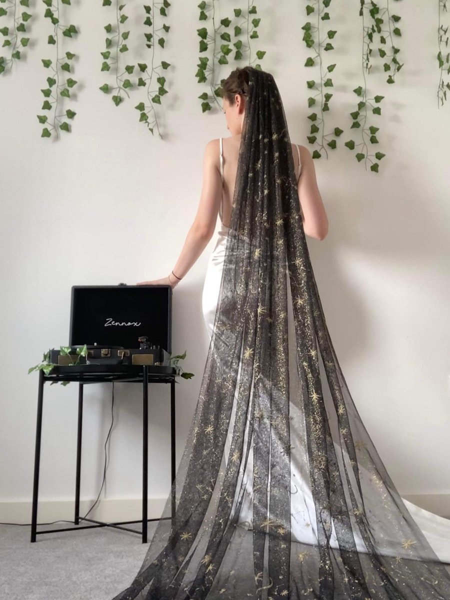 Midnight Stardust - Celestial Wedding Veil With Gold Moons And Stars