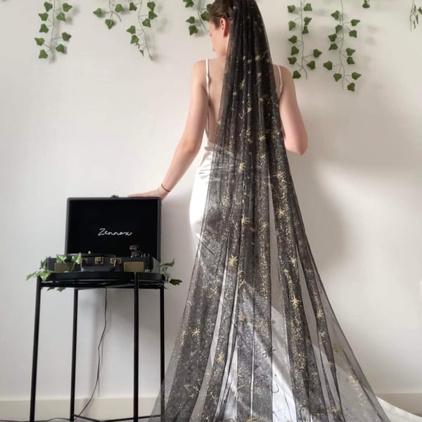 Midnight Stardust - Celestial Wedding Veil With Gold Moons And Stars