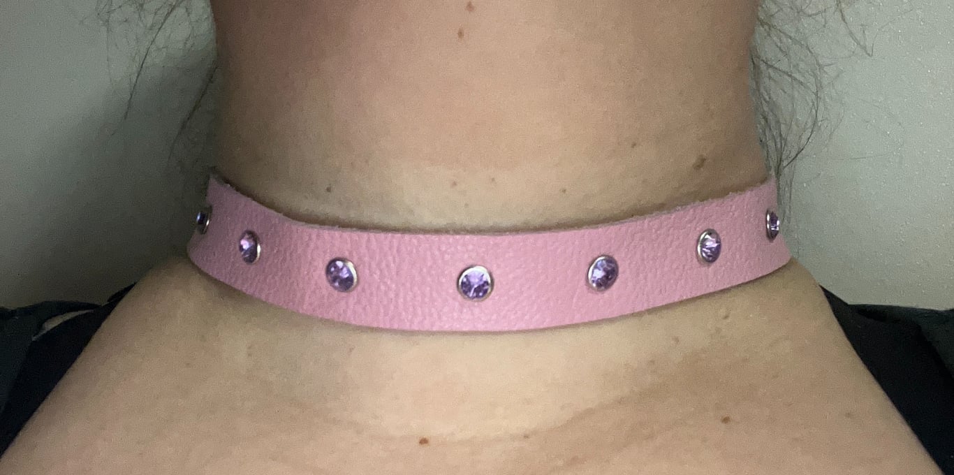 Pink Leather Choker with 7 Purple Gemstones (custom sized 17"-22")
