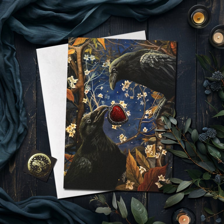Fine Art Greeting Card "Once Upon A Midnight." Ravens in love. Glittered