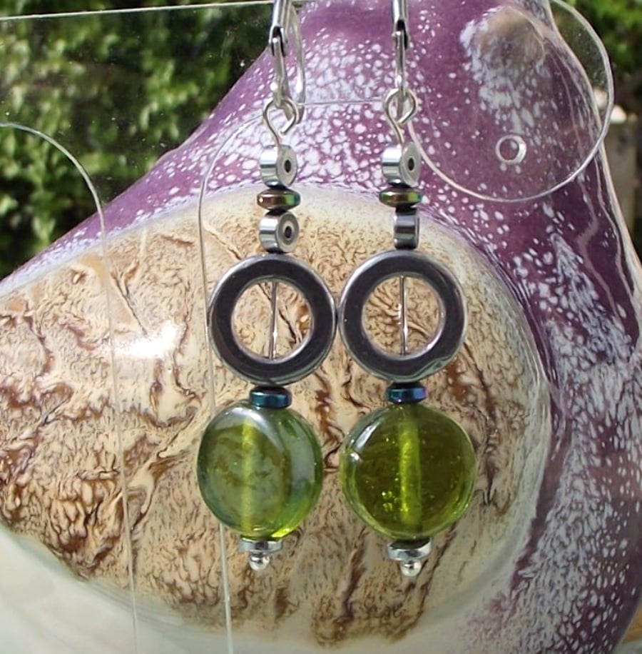 Earrings green glass silver haematite circles long drop hoop vintage