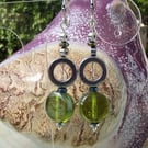 Earrings green glass silver haematite circles long drop hoop vintage