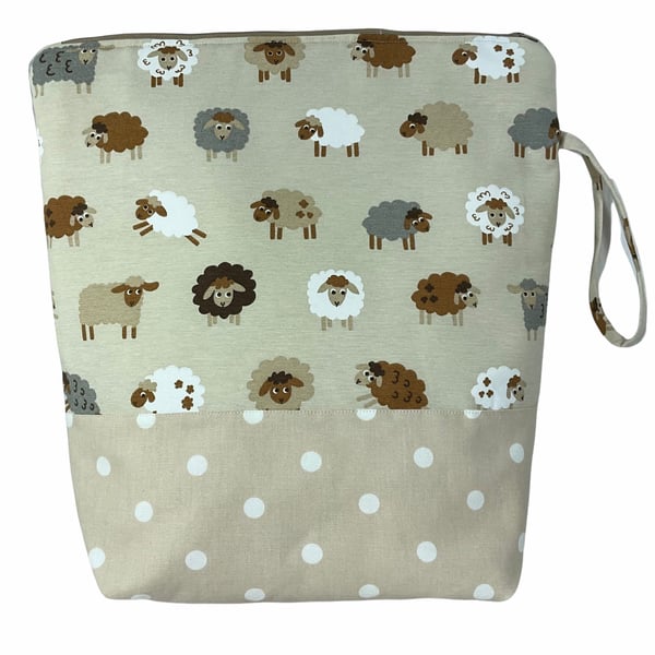 Extra Large zipped knitting pouch bag with sheep, supersized knitters project ba