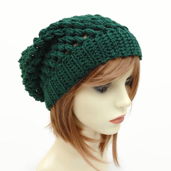 Unisex  Adult Crochet Slouchy Hat in Acrylic Dark Green Bottle