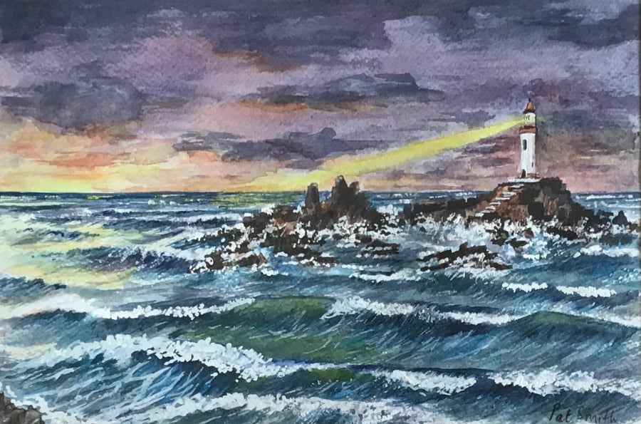 Original watercolour, mounted, Sunset, lighthouse, Stormy Sea by Pat Smith
