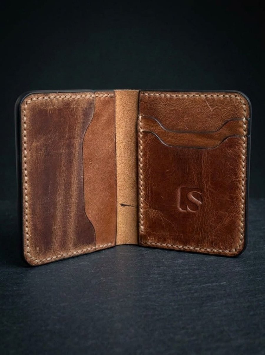 Image of Cognac Tan Full Grain Leather Mini Wallet Compact Bifold Small Wallet UK