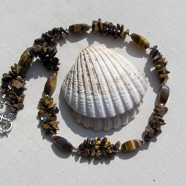 Gold Tiger Eye Crystal Gemstone Chunky Statement Necklace "Autumn Gold"