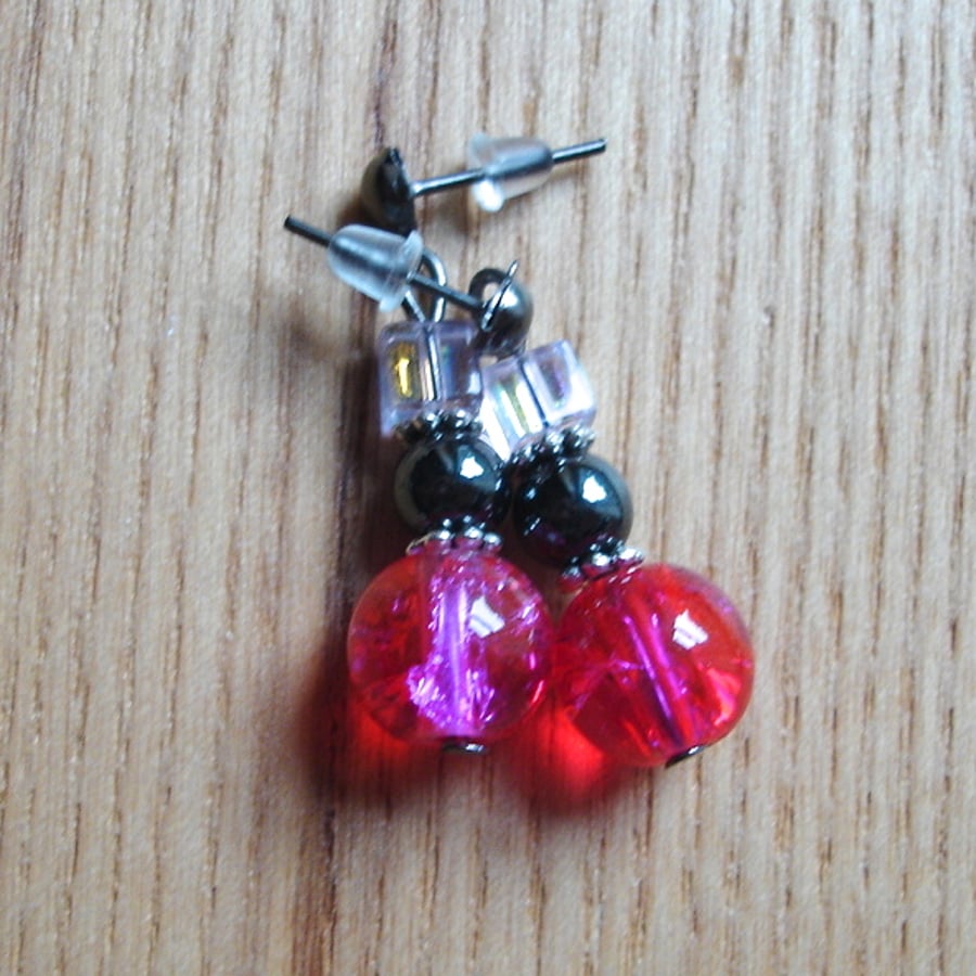 Sparkly Crackle Glass, Magnetic Hematite and Glass Cube Bead Earrings