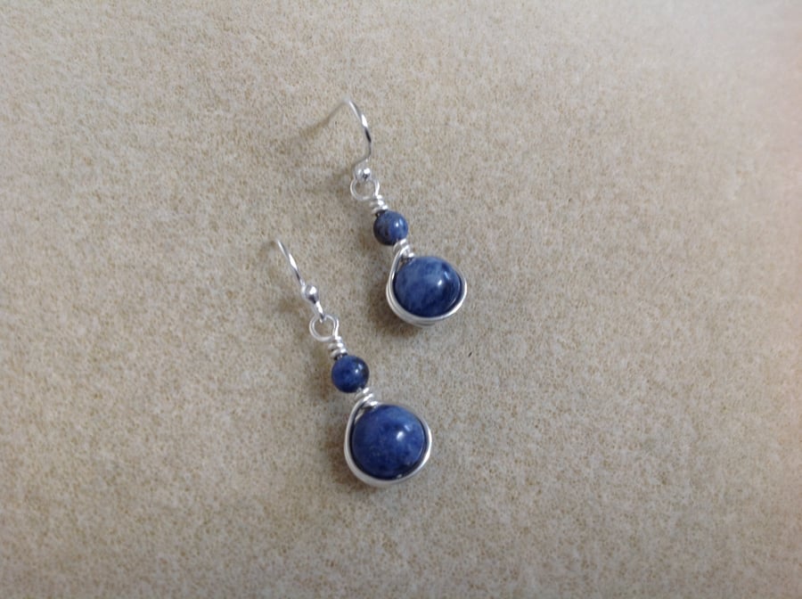 Blue Sodalite and Sterling silver wire wrapped drop earrings