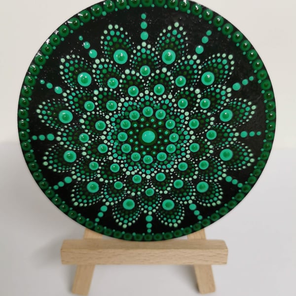 Hand painted shades of green mandala coaster