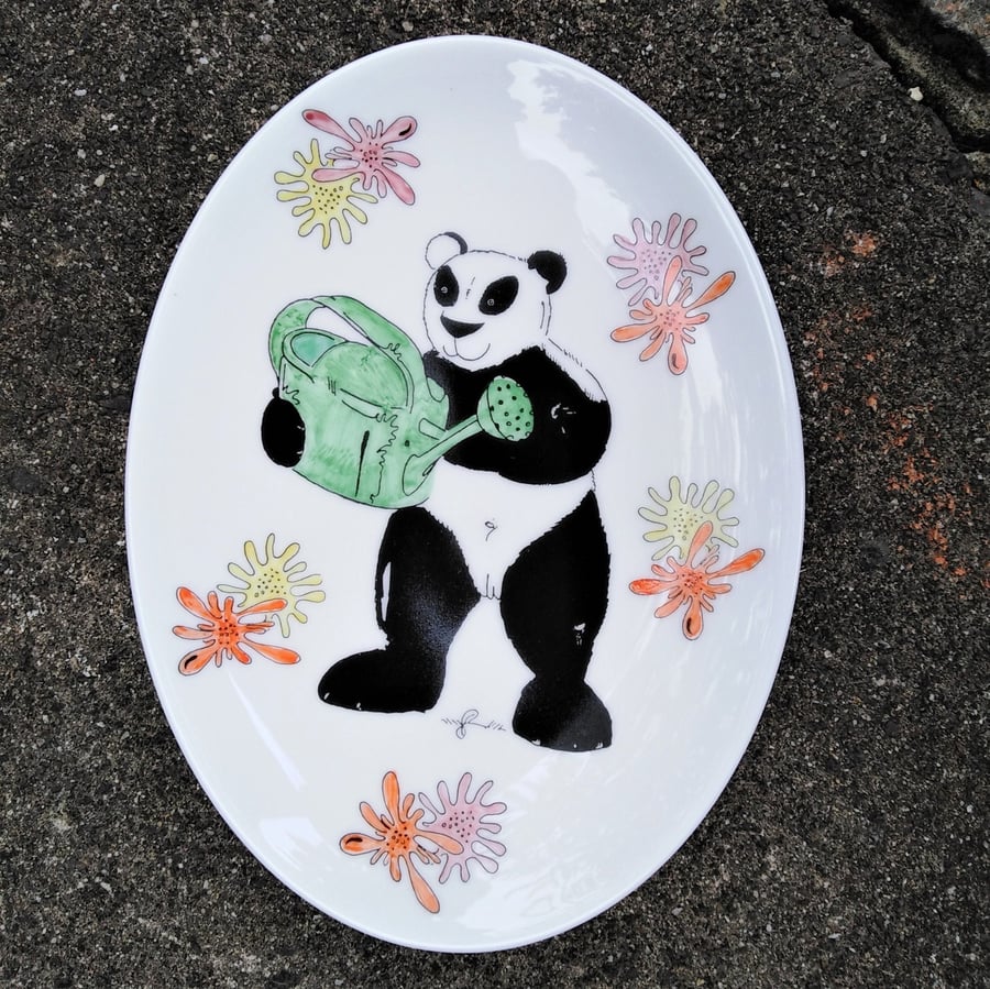 Panda gardening on oval dish in white bone china hand decorated