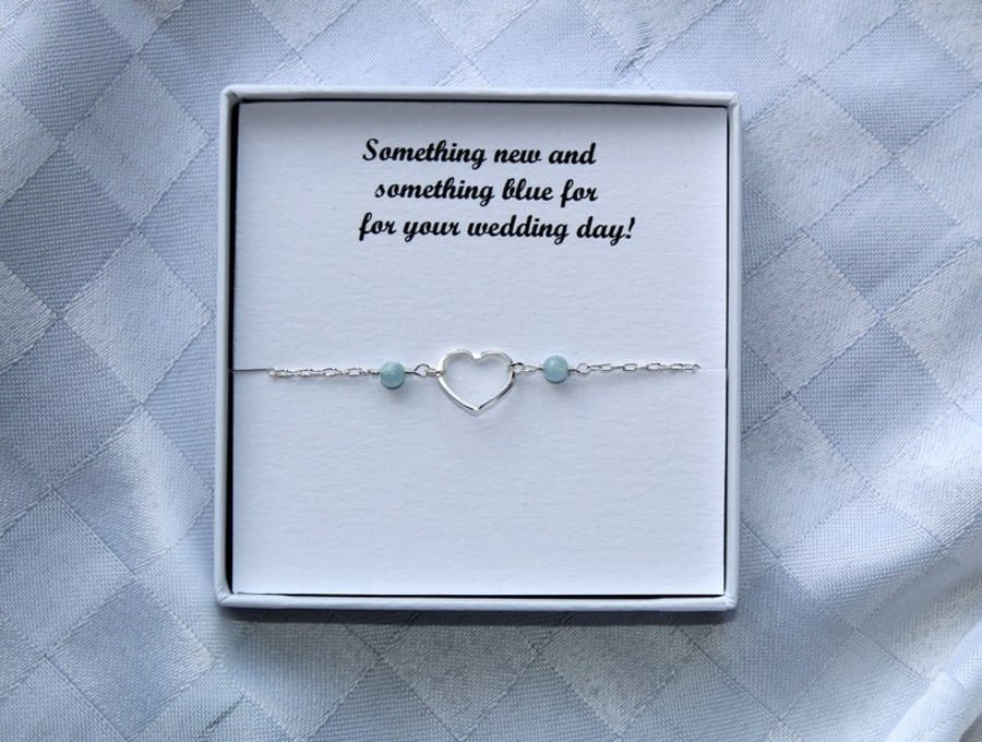 Something blue gift for Bride, Aquamarine heart anklet or bracelet