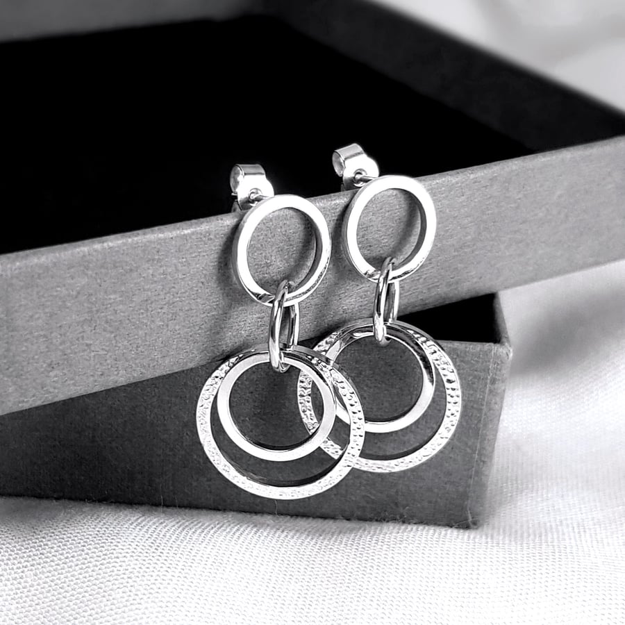 Sterling Silver Dangle Earrings, Silver Dangle Hoops, Silver Circle Earrings