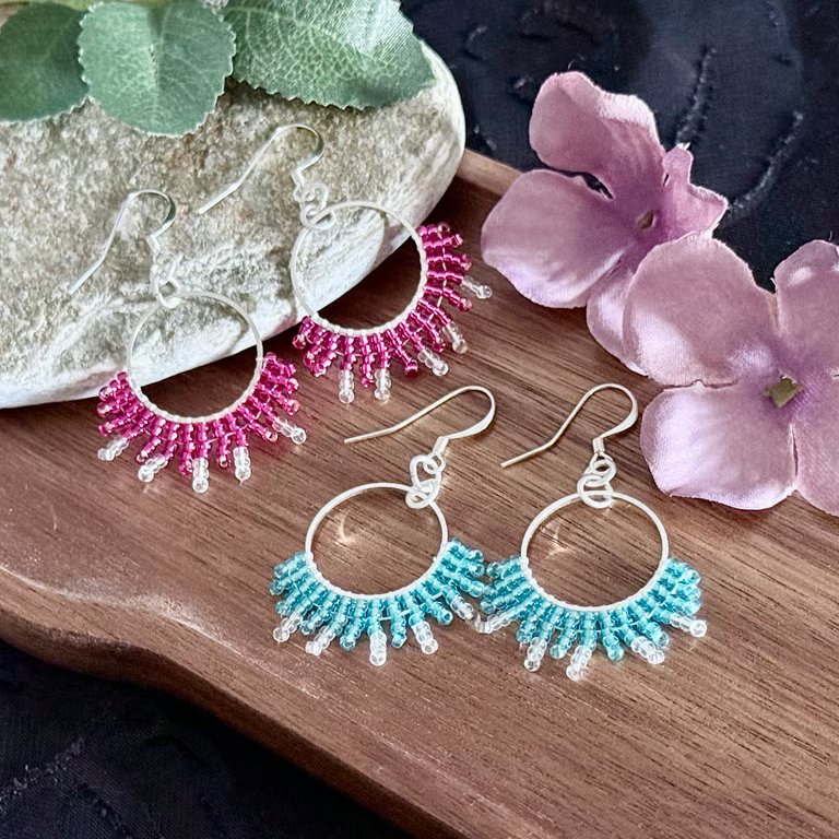 Cerise Pink or Ice Blue Beaded Hoop Fringe Earrings