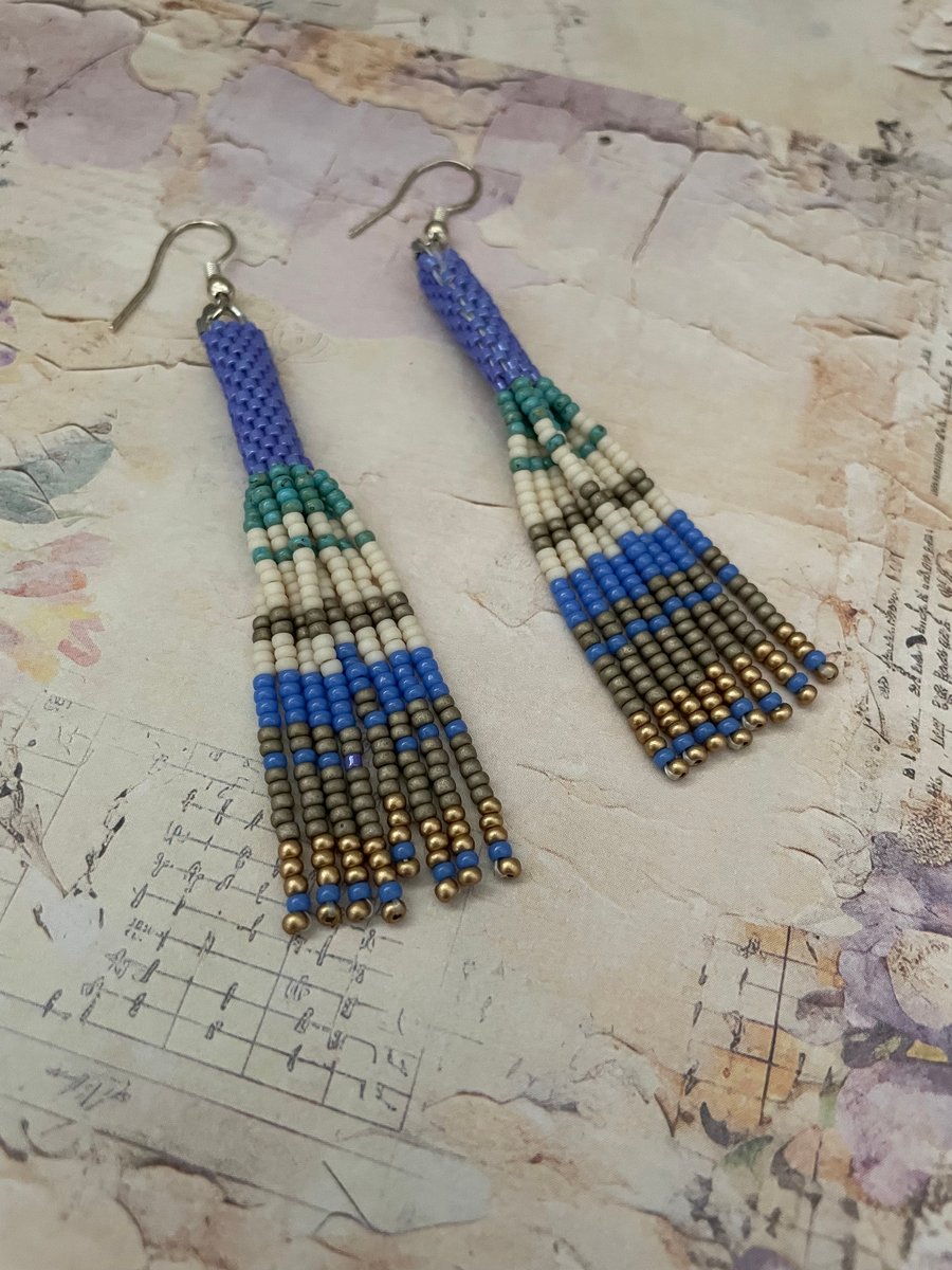 Beaded earrings, beaded fringe dangle boho statement earrings, summer, beach